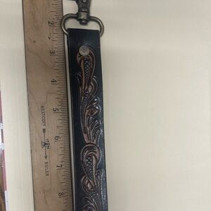 Myra Bag Black and Brown Leather Tooled Key Wristlet